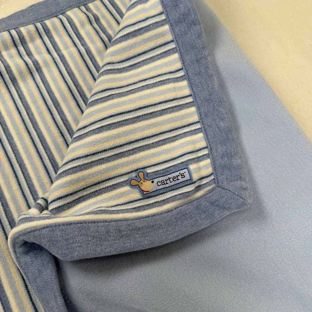 Carter's Baby Blanket Puppy Dogs Woof Blue Stripe Cotton Lovey Security 28x28